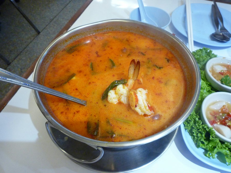 Spicy tom yum shrimp soup with lemongrass and herbs