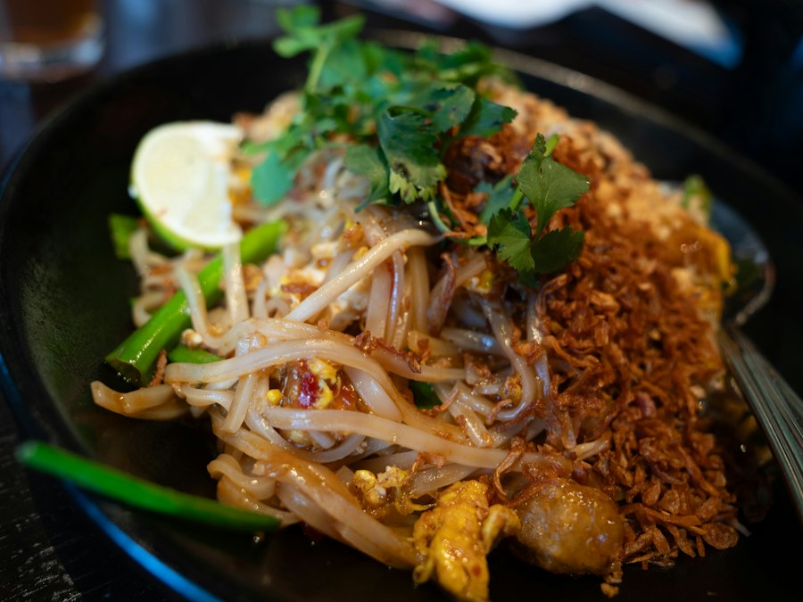 Pad thai noodles with peanuts, herbs and lime
